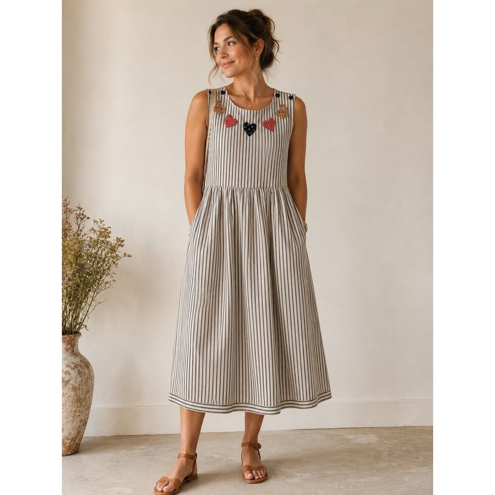 Vintage Style Striped Cotton Pinafore Jumper Midi Dress Pockets Patchwork Hearts